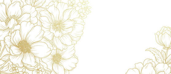 Luxury floral background with hand drawn gold line art flowers. Vector design with bouquet of peonies. Elegant illustration for wall decor, wallpaper, cover, banner, package, card, wedding invitation © Victory