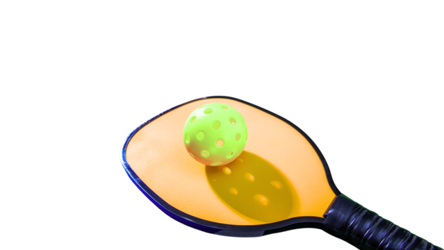 A bright green pickleball resting on a vibrant paddle, representing the popular racket sport and recreational activity, isolated on a transparent background.