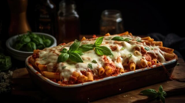 Close up of baked ziti with cheese and basil garnish on a wooden surface in a dark setting