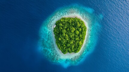 coral reef circle around a green island in blue ocean, top-down view