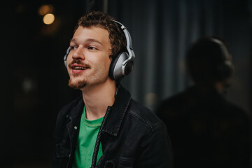 A cheerful young adult with headphones, listening to music and enjoying the moment. Casual setting with a bright yet calm vibe, perfect for concepts of leisure, relaxation, and youthful energy.