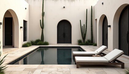 Minimalist Moroccan riad courtyard with a dark charcoal pool and stark architectural plants