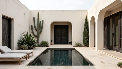 Minimalist Moroccan riad courtyard with a dark charcoal pool and stark architectural plants