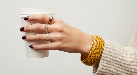 Woman's hand with gold rings and bracelet holding coffee cup, showcasing jewelry against neutral background, elegant and stylish concept
