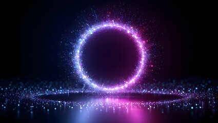 Abstract glowing neon circle portal with particles on dark background wallpaper hd