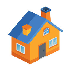 Isometric House Illustration with Blue Roof and Orange Walls Depicting Architecture and Home Design in a Modern Style for Real Estate and Construction Concepts