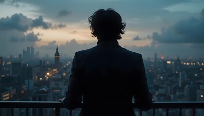 Fototapeta na wymiar Man silhouette cityscape view at dusk on balcony looking at city skyline at night