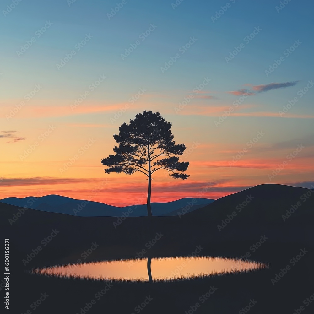 Poster tree is standing in front of a pond with a beautiful sunset in the background. the scene is serene a