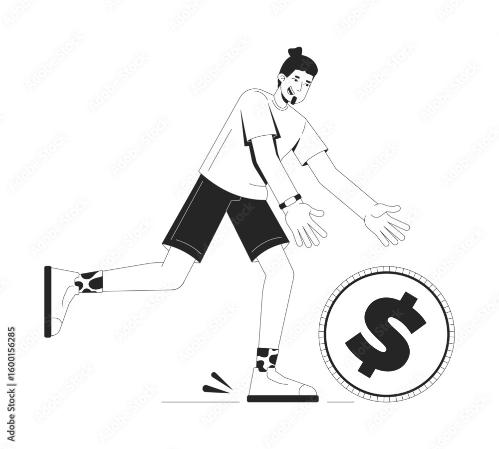 Poster running to get discount line onboarding ui illustration. man chasing rolling dollar coin. earning re