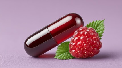 Abstract symbol of health realistic fruit-filled capsule supplement with raspberry vibrant environment for vitamin boost