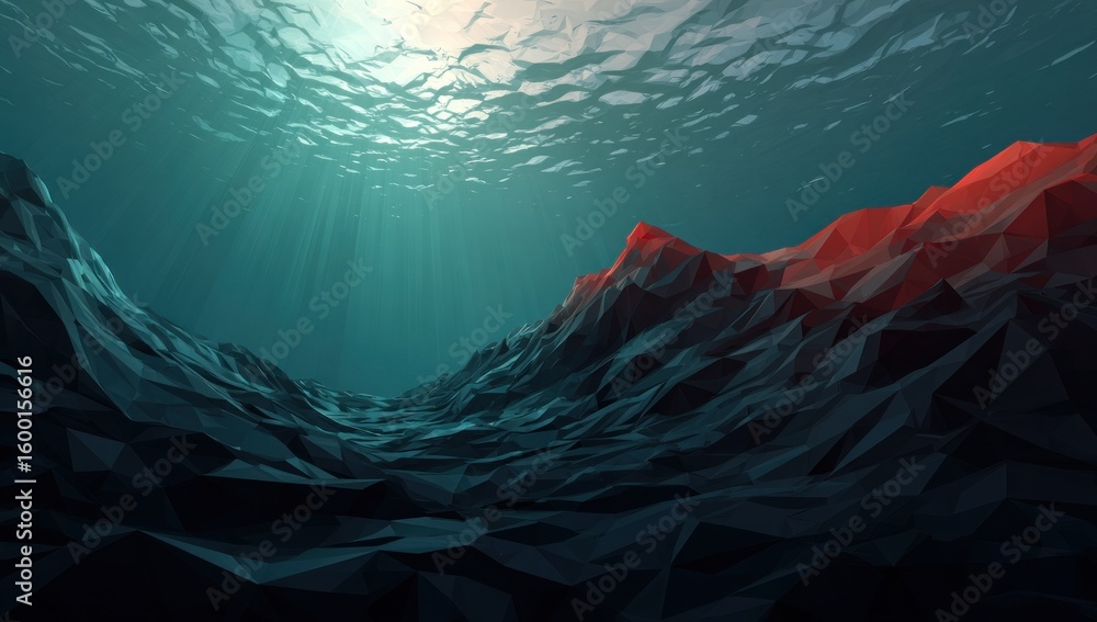 Poster low polygon underwater scene with light shining through the surface.