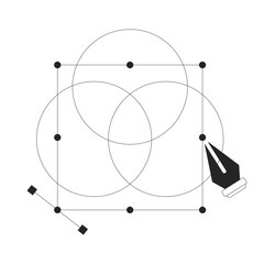 Graphic design process in RGB line onboarding ui illustration. Overlapping circles with vector nodes and bezier curves, pen tool outline 2D concept isolated. Ink linear metaphor vector art