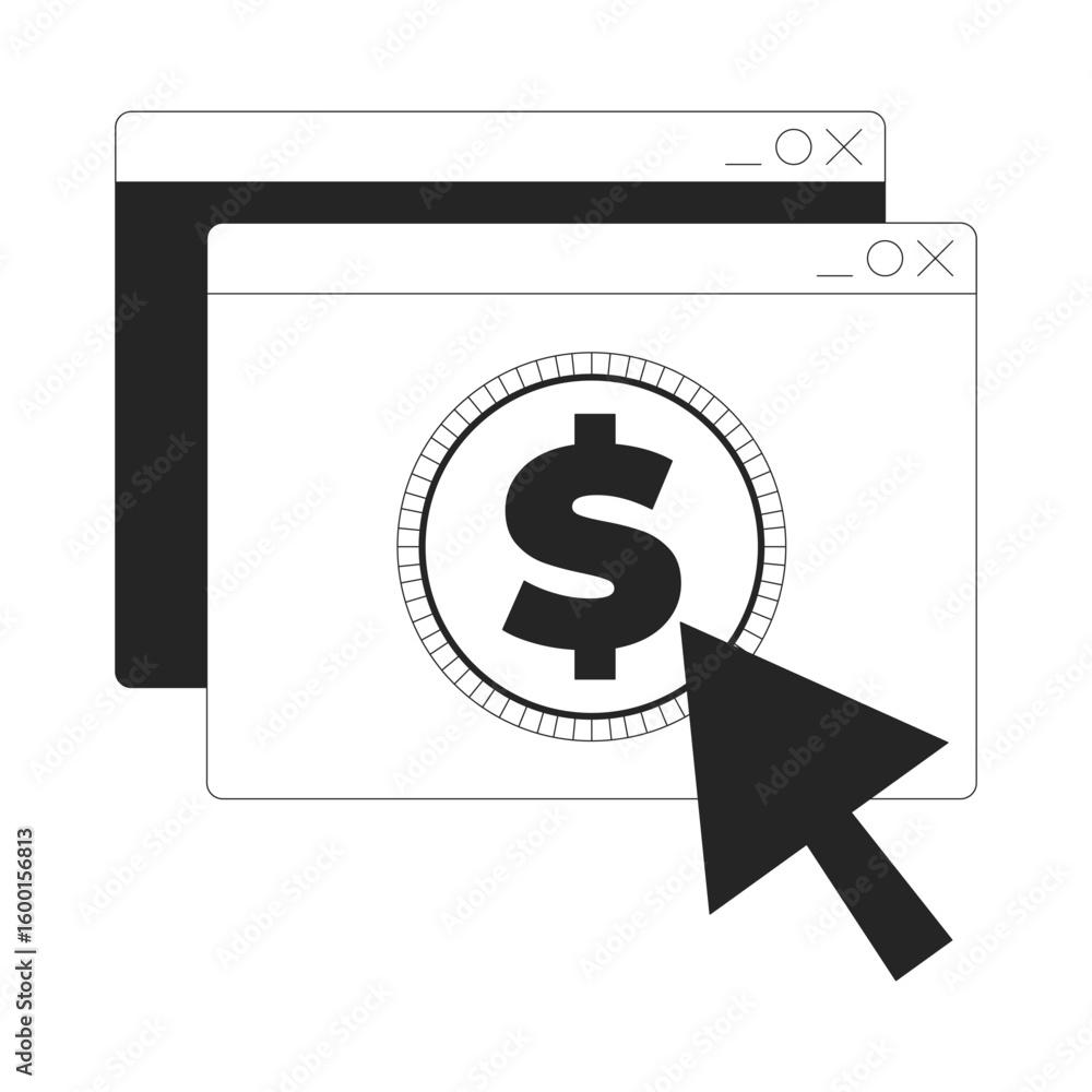 Poster online payment click with dollar line onboarding ui illustration. browser windows with financial coi
