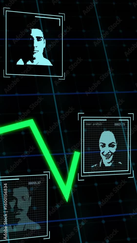 Poster animation of financial data processing and biometric photos over black background