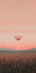 Flower is standing in a field of grass. The sky is pink and the sun is setting