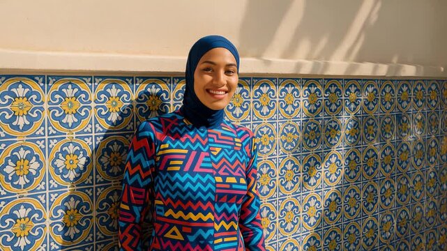 Fashion portrait of a smiling Muslim model in a colorful patterned burkini with geometric designs, standing in front of a tiled Mediterranean wall, bright sunlight, looking into the camera. 