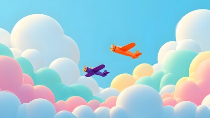 Cartoon airplanes flying in pastel sky background wallpaper illustration design