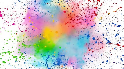 A vibrant explosion of colorful powder paint splatters against a stark white background, creating a dynamic abstract art piece. - Powered by Adobe
