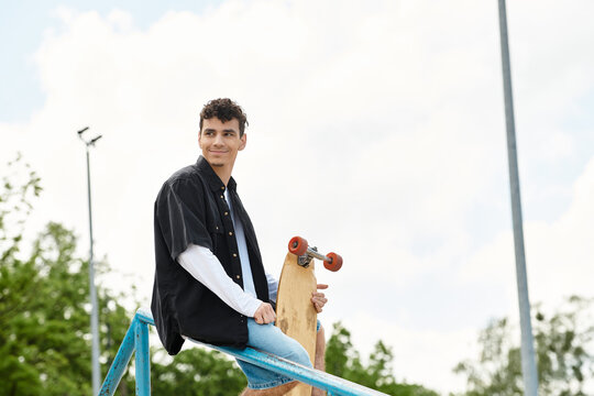 Young man enjoying a sunny day at the park while sitting on a railing with his skateboard