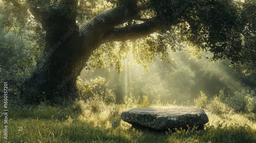 Poster large tree casts a shadow on a rock in a grassy field. the sun is shining brightly, creating a warm 