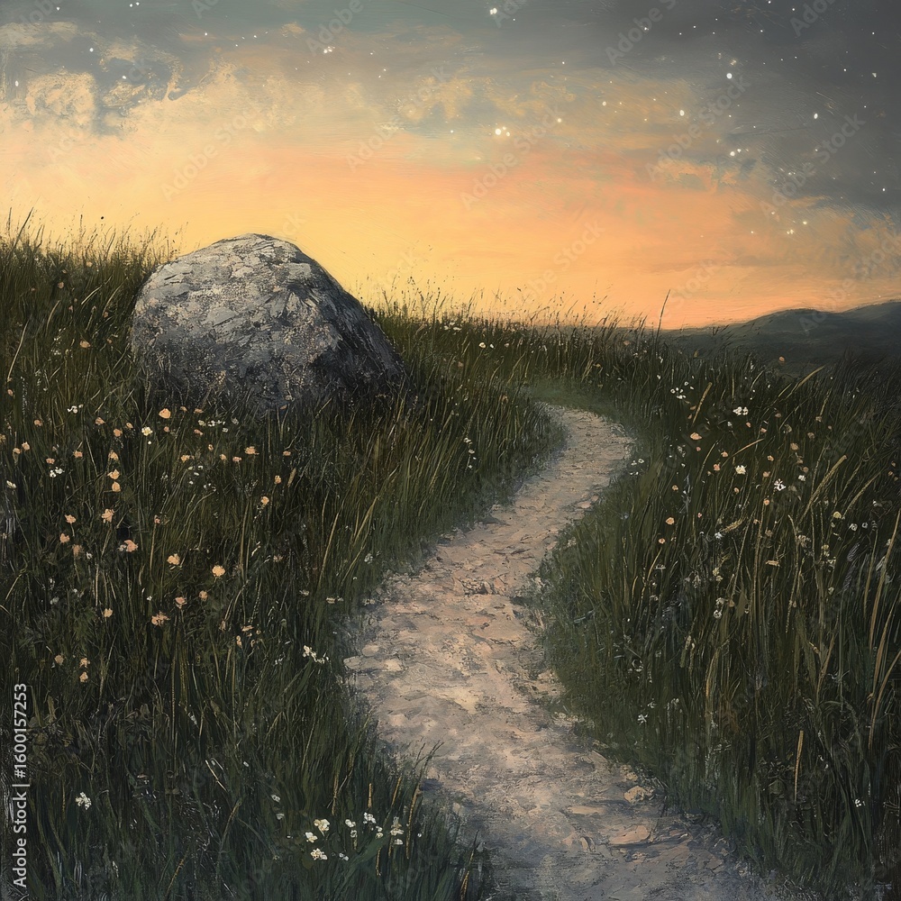 Poster painting of a path through a field with a large rock in the foreground. the sky is orange and the gr