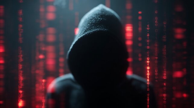 A mysterious figure in a hooded sweatshirt, with a shadowy silhouette amidst a backdrop of binary code.