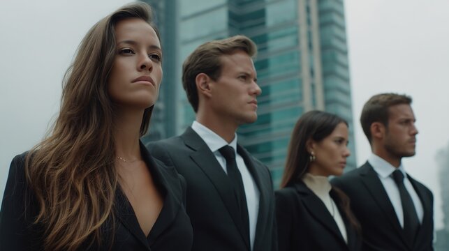 Ambitious business team in suits standing confidently against city skyline