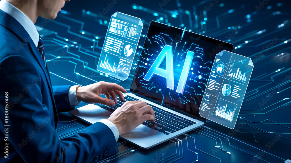 Poster digital illustration showcasing ai technology, data analysis, futuristic interface, neural networks,