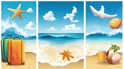 Set of summer travel fliers with beach items and waves, vector illustration