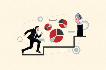 Composite trendy magazine photo collage of serious businessman run career ladder development...