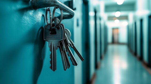 Stack of prison keys hanging on a hook in a guards office with a view of the hallway