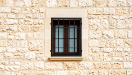 Beige stone wall with a dark window