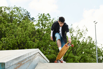 Young man skillfully navigating a skateboard ramp in a vibrant park environment