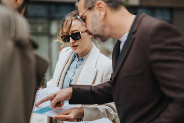 A group of professional individuals reviewing documents together in an outdoor urban environment,...