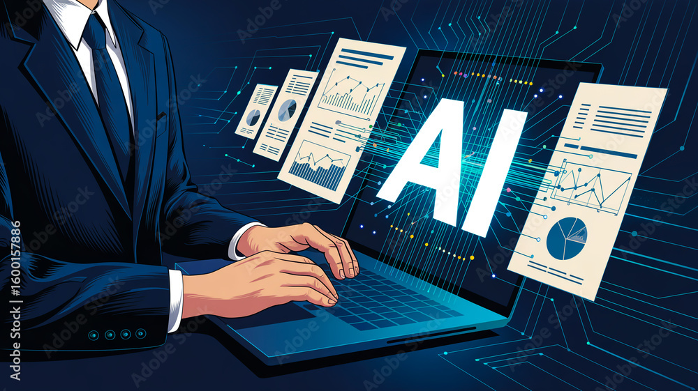 Poster digital illustration showcasing ai technology, data analysis, futuristic interface, neural networks,