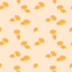 Seamless vector pattern with delicate yellow orange flowers on a soft beige background. Summer or spring-themed textiles, packaging, wallpapers, and digital design