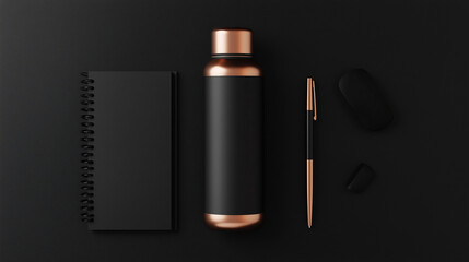 Flatlay of black tumbler and stationary set mockup