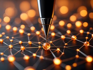 Exploring network connections with mechanical pencil on glowing node graph concept