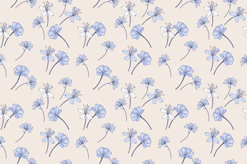 seamless botanical vector pattern featuring hand drawn blue wildflowers on a soft beige background. The delicate floral design is ideal for fabrics, wallpapers, wrapping paper, and digital projects