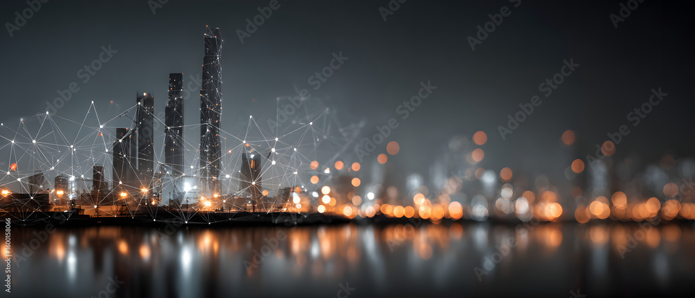 Poster construction building with digital network lines and light nodes - smart city future technology conc
