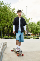 Young man enjoys skateboard ride through vibrant park on a sunny day