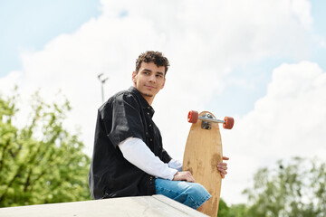 Young man enjoying a sunny day at the park while sitting with his skateboard