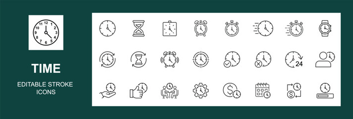 Time icon set. Timer, alarm, schedule, hourglass, clock icons. modern thin line style of clock related icons: timer, stopwatch, alarm, and more. Editable stroke. Vector illustration.