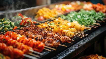 Traditional street food served from vibrant vendors offering local delicacies like tacos, kebabs, noodles, and fresh fruit reflecting cultural diversity and global culinary experiences.