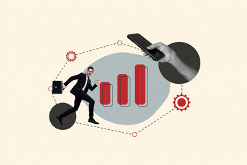 Creative sketch art collage of serious businessman run gearwheel statistics development chart hand...