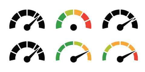 Illustration of six speedometer icons showing different levels of performance and speed on white