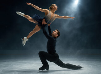 Photorealistic figure skating pair mid-lift under arena spotlights with graceful motion and sparkling ice. Concept of winter sport, trust, elegance, strength, and elite performance