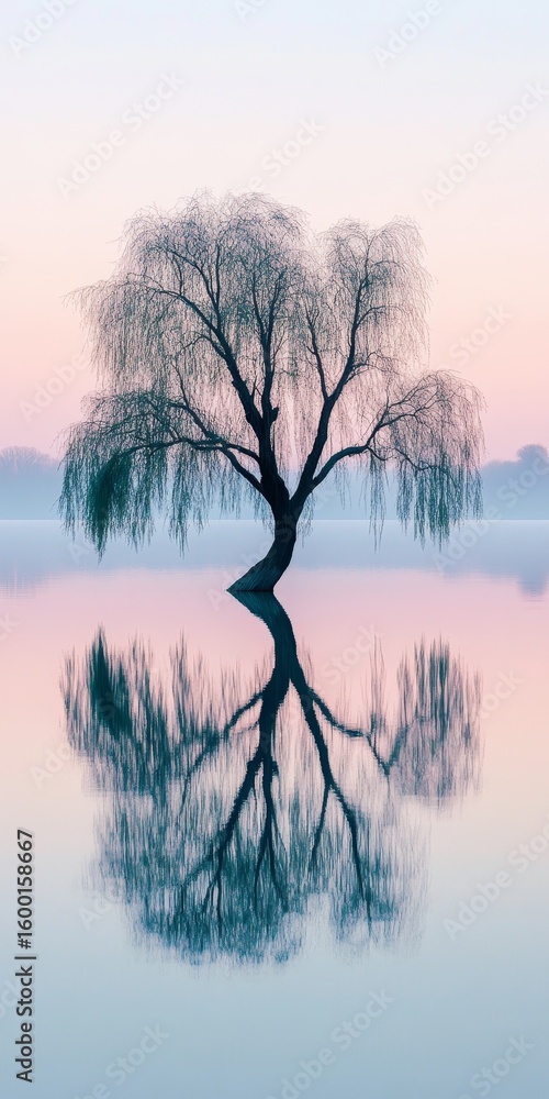 Poster tree is reflected in the water. the reflection is calm and peaceful. the tree is the main focus of t
