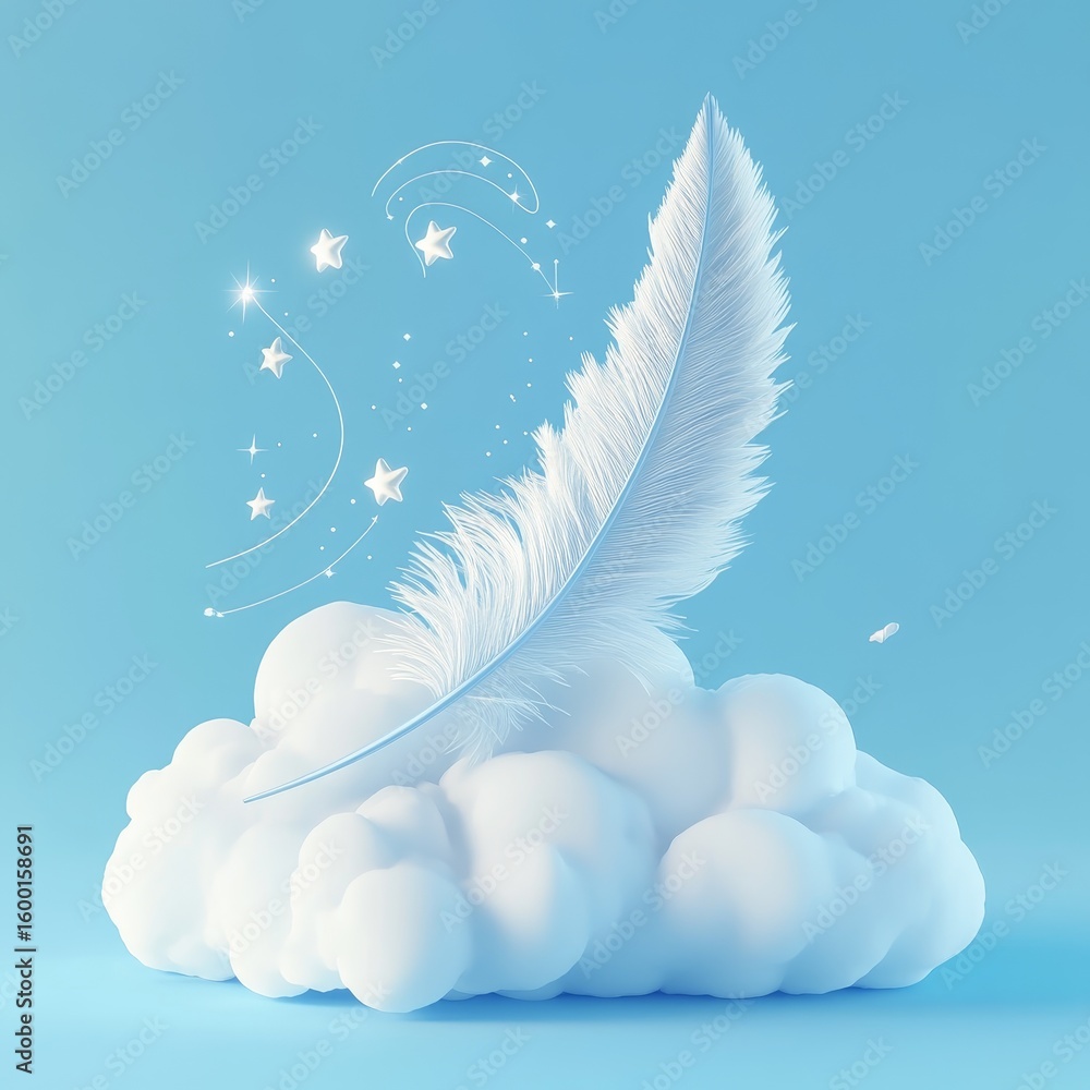 Aufkleber a serene image featuring a soft white feather resting on a fluffy cloud, surrounded by sparkling sta