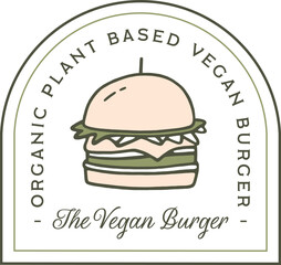 Vegan plant based burger organic healthy veggie homemade fast food logo label sticker. Fancy retro vintage green aesthetic text drawing illustration printable eco friendly packaging design clipart.